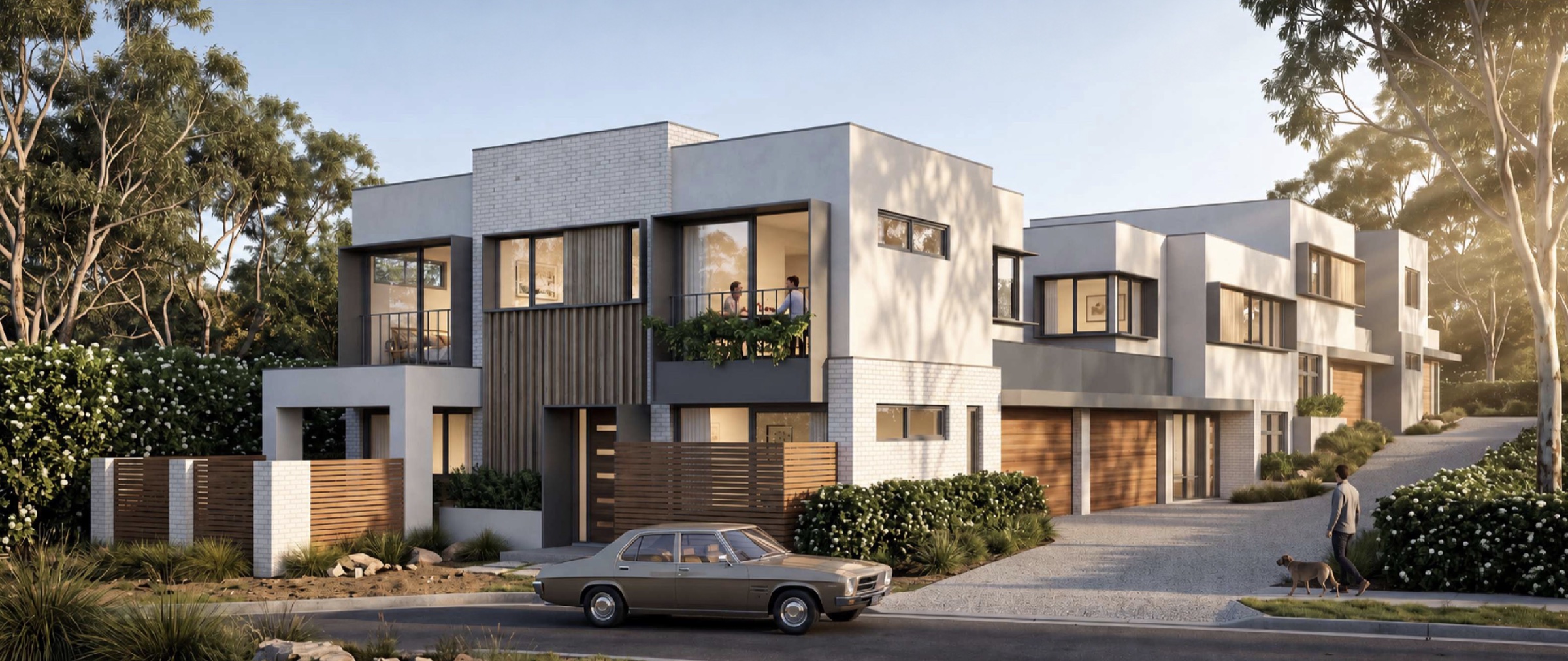 Render of the O'Connor townhouses among gum trees
